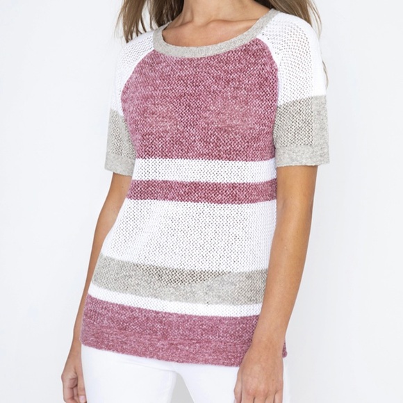 Kinross S/S Mesh Bloom Multi Stripe Cotton Pullover size L - Picture 1 of 13